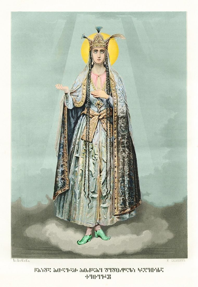 Nineteenth-century print of Saint Ketevan the Martyr, crowned, standing on a cloud