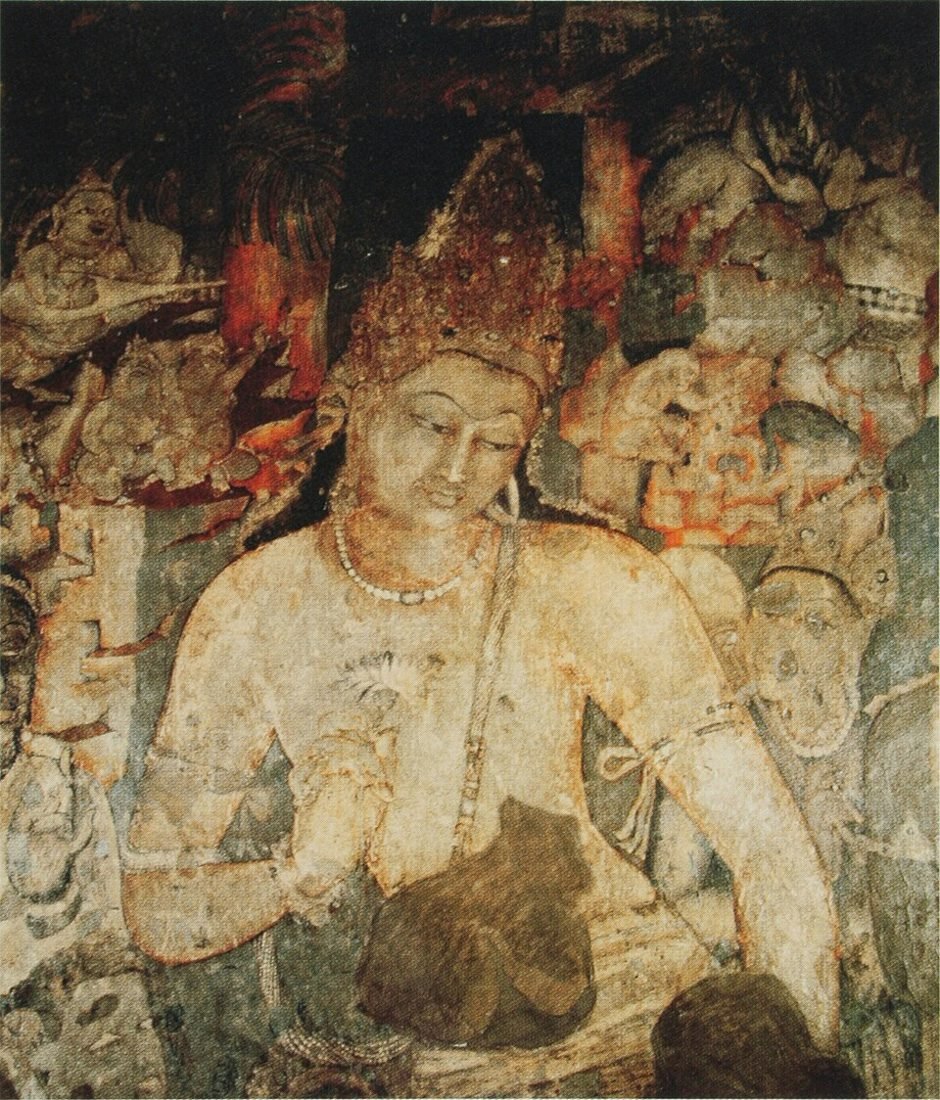 Ajanta mural of the Bodhisattva Padmapani holding a lotus