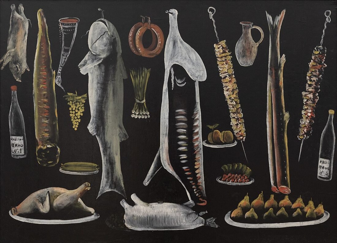 Niko Pirosmani painting of a laid-out feast: fish, meat, bread, wine and skewers on a black ground